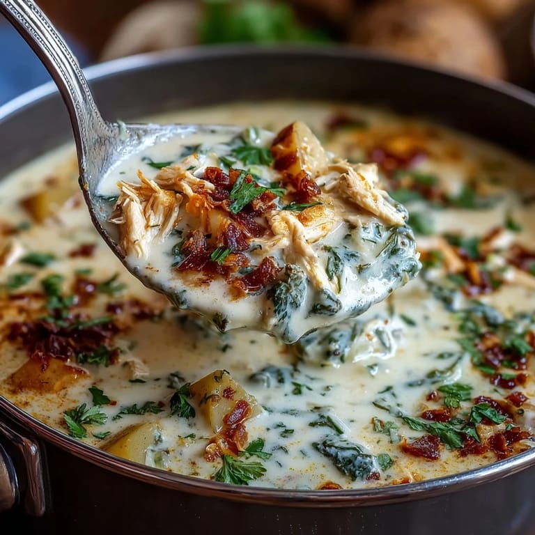 Creamy Chicken Pot Pie Soup loaded with potatoes, carrots, and celery, garnished with fresh parsley and served alongside a warm, golden puff pastry square.