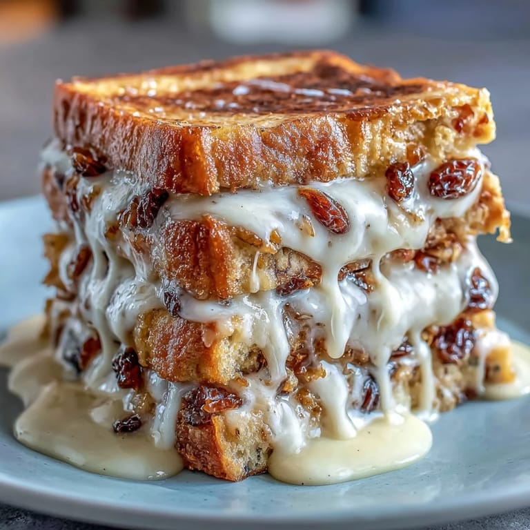 Classic Capirotada with Cinnamon, Piloncillo, and Raisins: rich Mexican bread pudding with toasted bolillo slices, spiced syrup, plump raisins, and melted cheese baked until golden and fragrant.