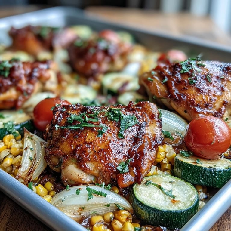 Sheet Pan Chicken with Zucchini and Corn: golden-brown chicken breasts with smoky paprika, roasted alongside summer vegetables for a flavorful one-pan meal.