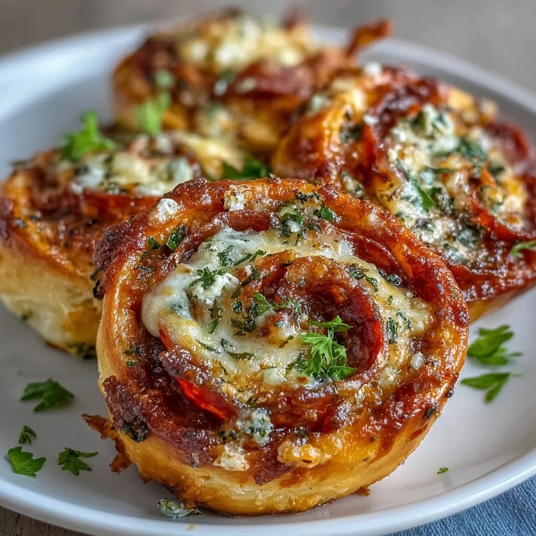 Golden-baked pizza pinwheels filled with gooey cheese, marinara sauce, and pepperoni slices—great appetizer or snack.  