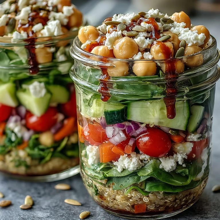Healthy summer meal prep mason jar salads with chickpeas, cherry tomatoes, and crisp cucumbers ready for the week.  