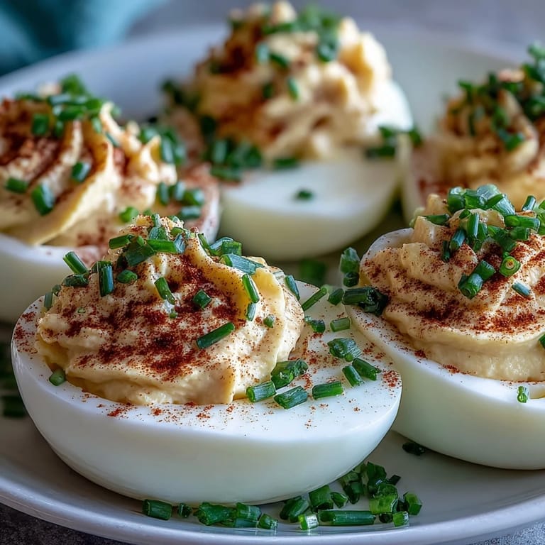 Creamy deviled egg filling piped into halved hard-boiled eggs, topped with a sprinkle of paprika and chopped chives for a classic, flavorful appetizer.
