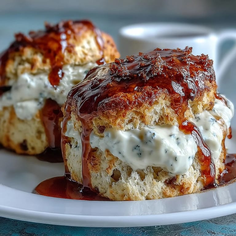 Tender, flaky scones sweetened with floral dandelion honey, served with a generous spread of clotted cream for a classic British treat.