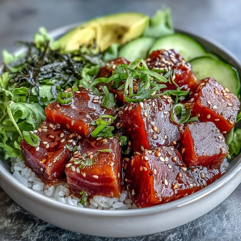 Bright and colorful Spring Tuna Poke Bowl featuring tender tuna, fresh vegetables, and a tangy ponzu sauce for a light meal.