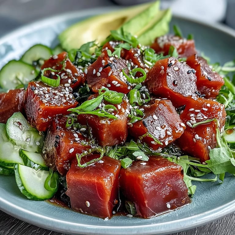 Refreshing Spring Tuna Poke Bowl with marinated tuna, crunchy radish, cool cucumber, and sesame-topped rice, perfect for warm days.