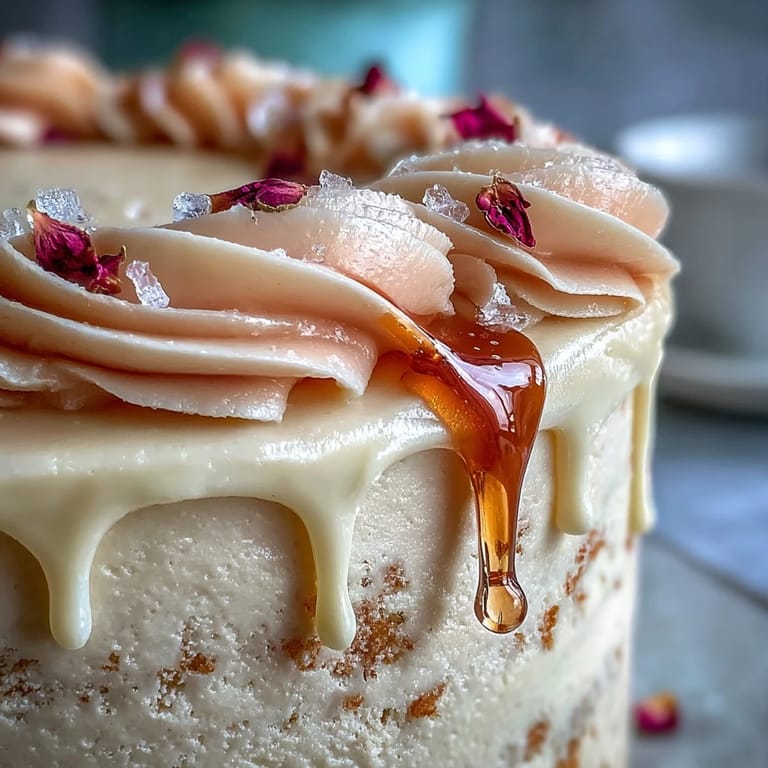 A moist rosé velvet cake, beautifully adorned with a flowing, metallic gold sauce.