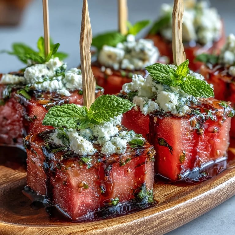 Vibrant watermelon feta bites skewers, perfect chilled appetizer for any gathering.