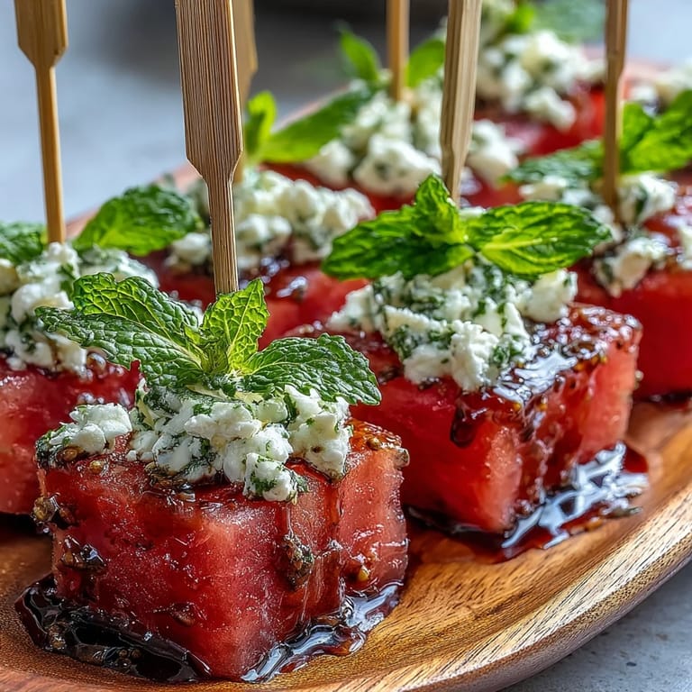 Juicy watermelon feta bites with mint, a quick gluten-free Mediterranean appetizer.