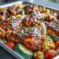 Sheet Pan Chicken with Zucchini and Corn: juicy roasted chicken surrounded by sweet corn, tender zucchini, and vibrant cherry tomatoes.