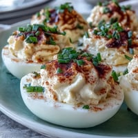 Classic deviled eggs with paprika and chives arranged on a white platter, garnished with smoky paprika and fresh chives for a vibrant, appetizing presentation.