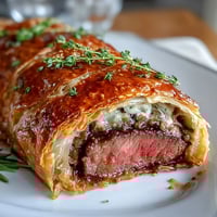 Elegant beef Wellington bites with golden puff pastry, savory mushroom duxelles, and tender filet mignon seared to perfection.