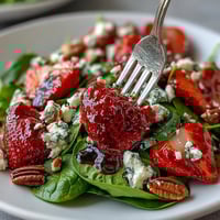 Fresh strawberry spinach salad with creamy goat cheese and toasted pecans, tossed in tangy balsamic vinaigrette for a sweet and savory bite.