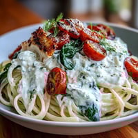 High-protein pasta bowl with grilled chicken, creamy cottage cheese, and fresh spinach in a hearty, nourishing dish.