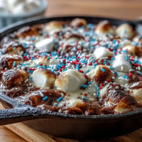 Gooey 4th of July S'mores Dip, bubbling hot in cast iron, served with graham crackers.